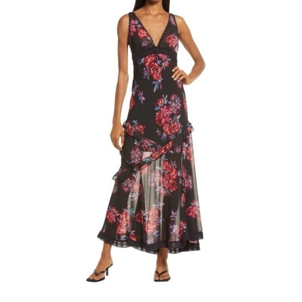 NWT Intimately Free People Sheer Black Floral Nightgown Lace Maxi Size XS
